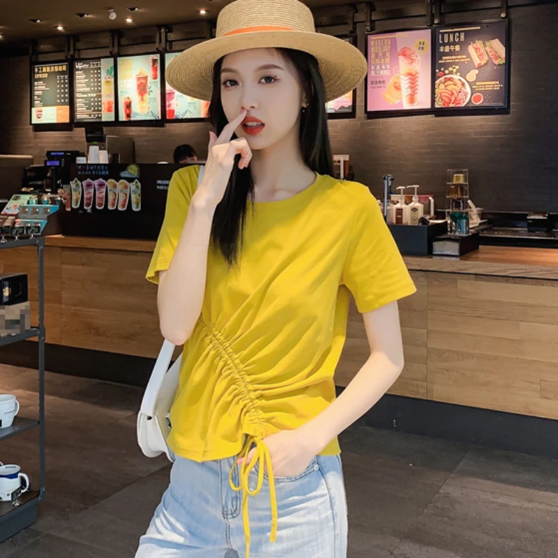 Женская одежда 2 цвета тонкие женские футболки на шнуровке простые повседневные