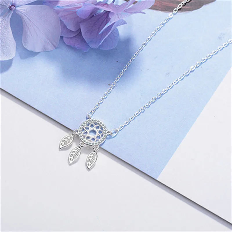 

925 Sterling Silver Crystal Dreamcatcher Tassel Feather Pendent Necklace For Women Girls Party Jewelry Choker Collar dz461