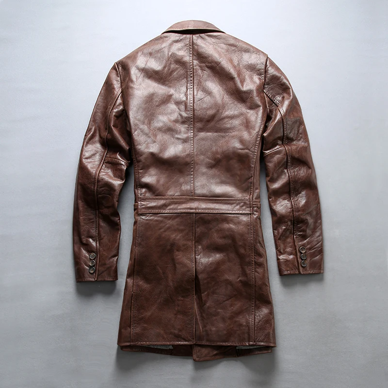 

style 2021 Medium cow skin double breasted genuine leather coat men slim fit winter long leather jacket men causal coats