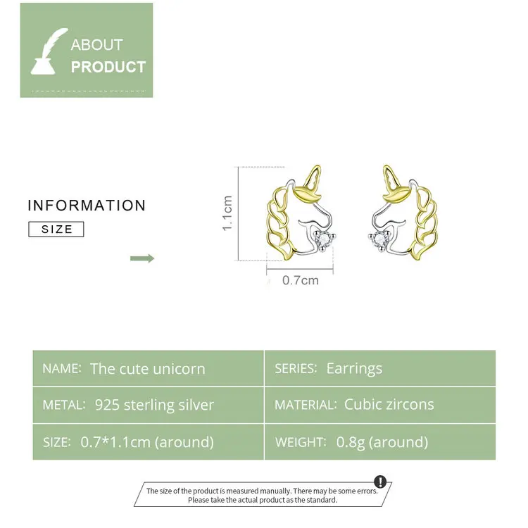Unicorn Earrings BISAER 925 Sterling Silver Pure Love Licorne Unicorn Exquisite Stud Earrings for Women Silver Jewelry EFE234