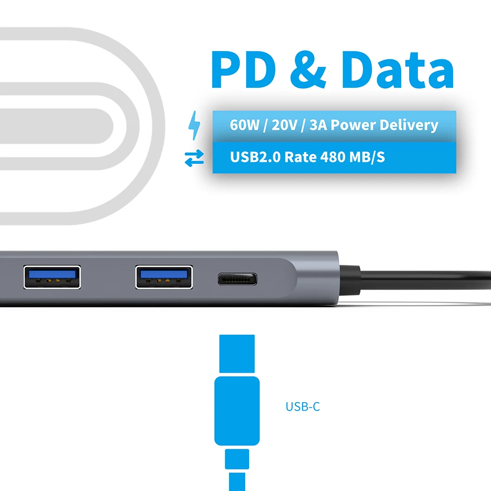 

5-in-1 Type-C Hub Type-C to HDMI-compatible Adapter 4K USB3.0 Reader USB-C Dongle for MacBook