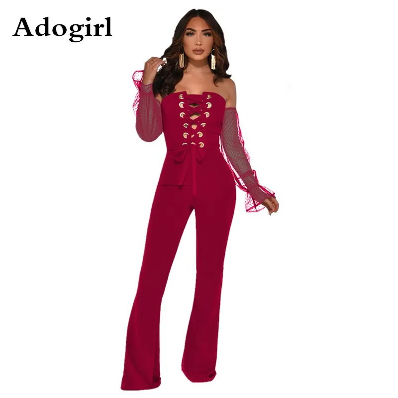 Черный сетчатый комбинезон в горошек с расклешенными рукавами и широкими