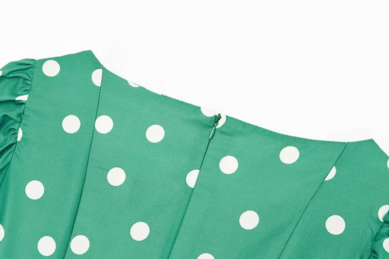 

[EAM] Women Green Dot Printed Vintage Long Dress New Round Neck Half Sleeve Loose Fit Fashion Tide Spring Summer 2021 1DD9000