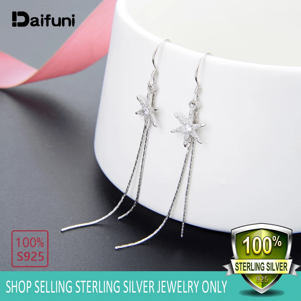 100% 925 пробы серебряные женские серьги с кристаллами и звездами длинные висячие