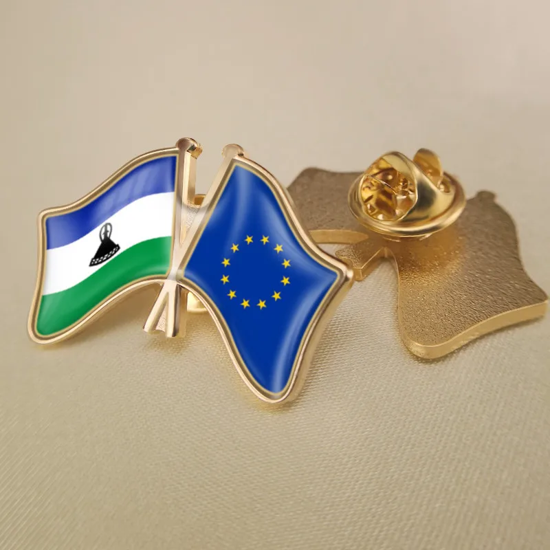 

European Union and Lesotho Crossed Double Friendship Flags Brooch Badges Lapel Pins