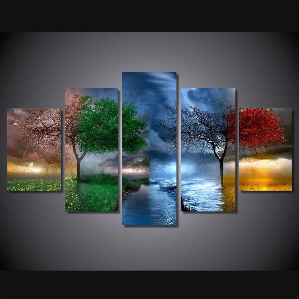 

5 Pieces Canvas Painting Trees Landscape Prints Pictures for Living Room Nordic Style Lake Poster On Loft Frameless