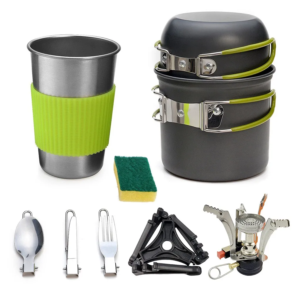 

Outdoor Camping Cooking Set Frying Pan Mini Stove Cup Cookware Kit For Hiking Picnic Stove Burner Pots Pans Tank Bracket Bowls
