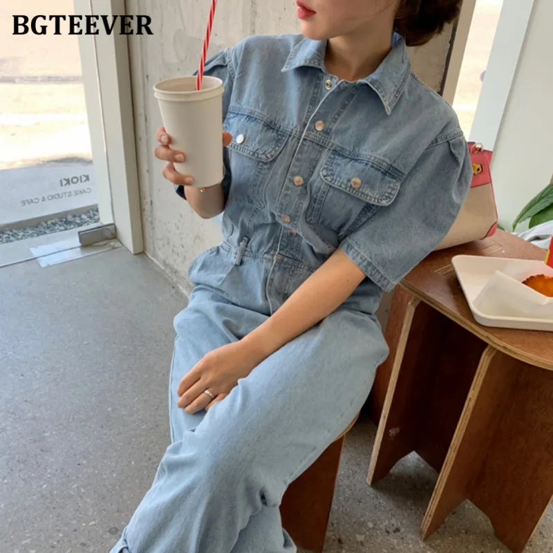 Женский джинсовый комбинезон BGTEEVER винтажный однобортный с отложным воротником и