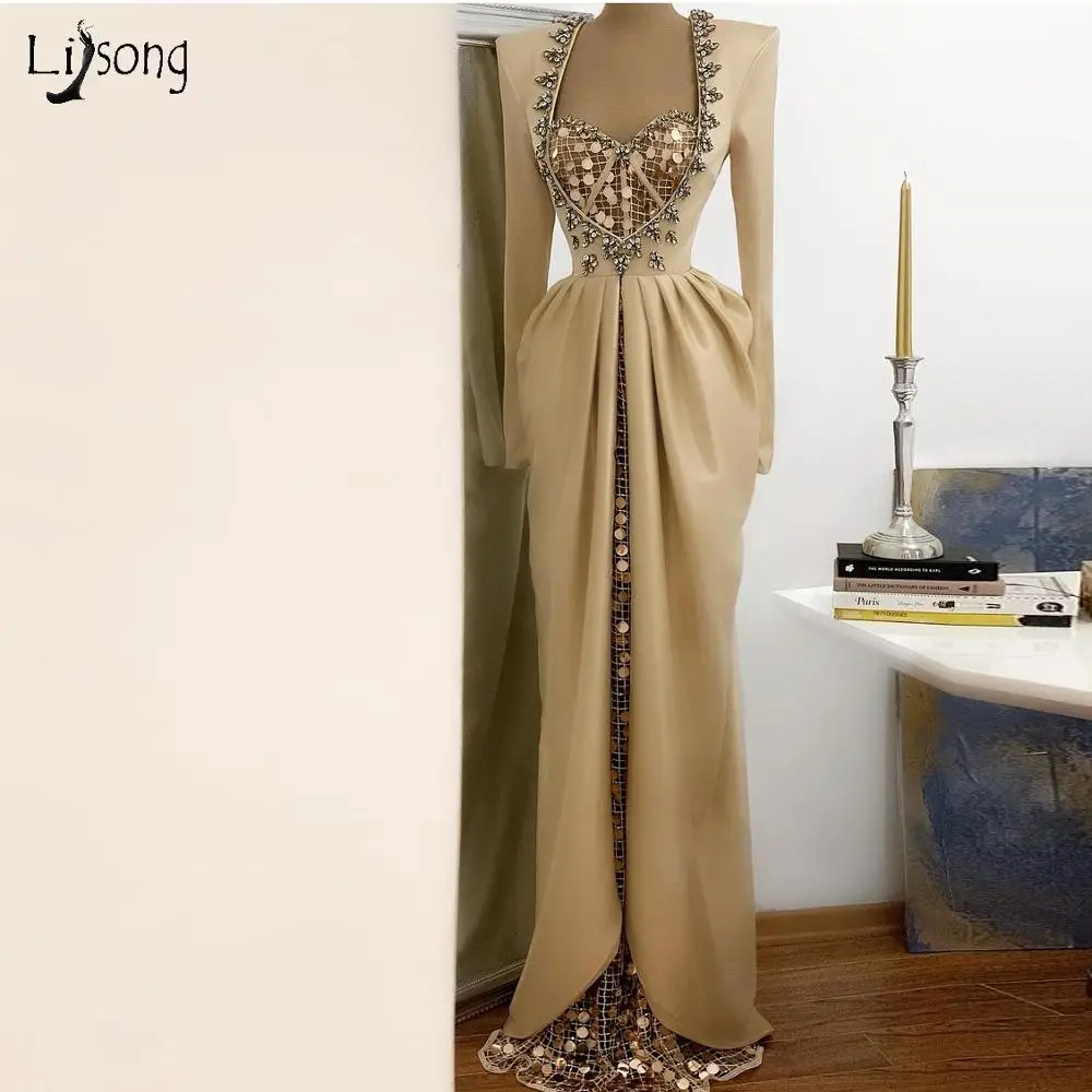 

Elegant Champagne Straight Sequined Long Evening Dresses Full Sleeves Crystal Beaded Evening Gowns Modest Party Dress