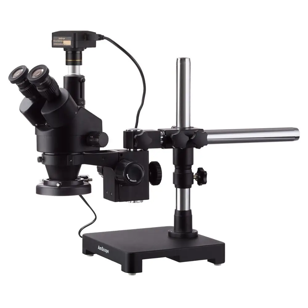 

7X-135X Black Trinocular Stereo Zoom Microscope on Single Arm Boom Stand + 144 LED Compact Ring-light with 16MP USB3.0 Camera