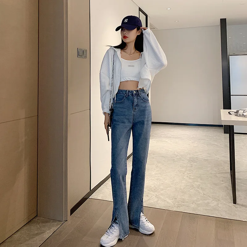 Джинсы женские длинные новинка весны 2021 узкие прямые брюки с высокой талией и