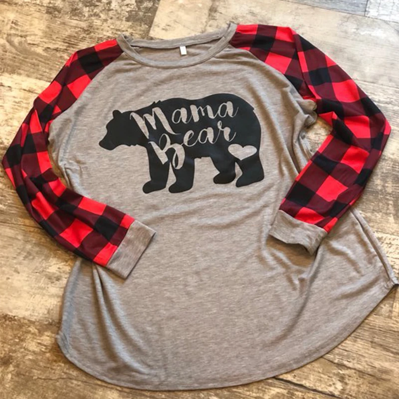 Пэдди дизайн медведя и надписью MAMA с принтом в клетку футболка осень-зима длинным