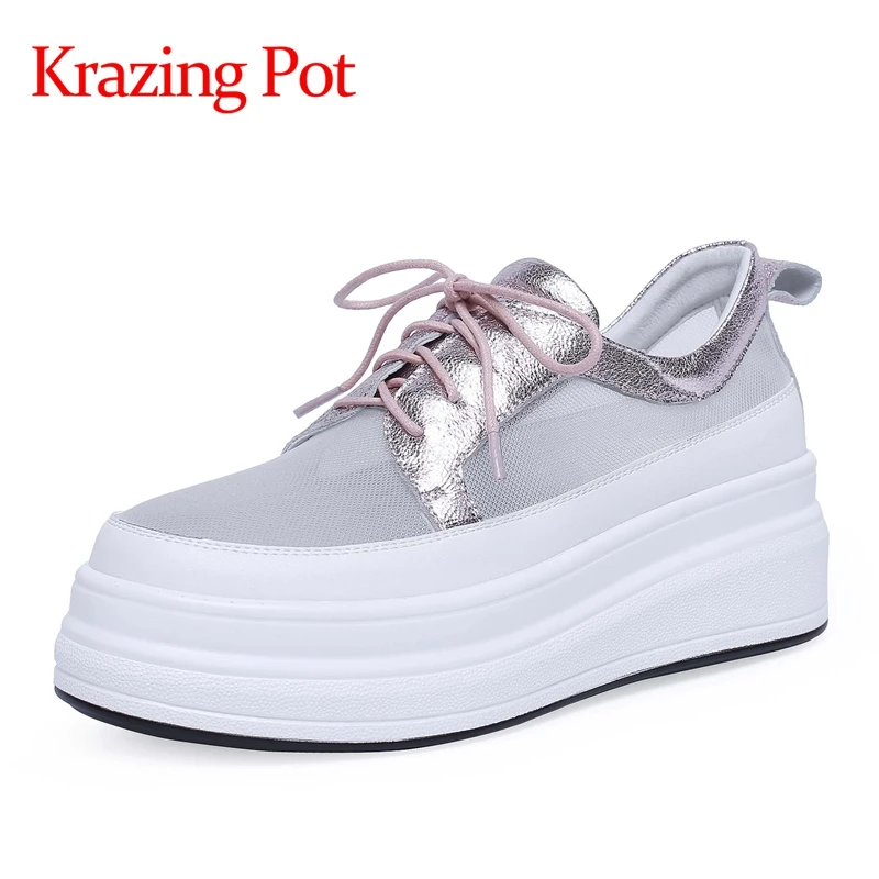 

Krazing pot new plus size platform genuine leather network round toe concise style leisure lace up sneaker vulcanized shoes L9f1