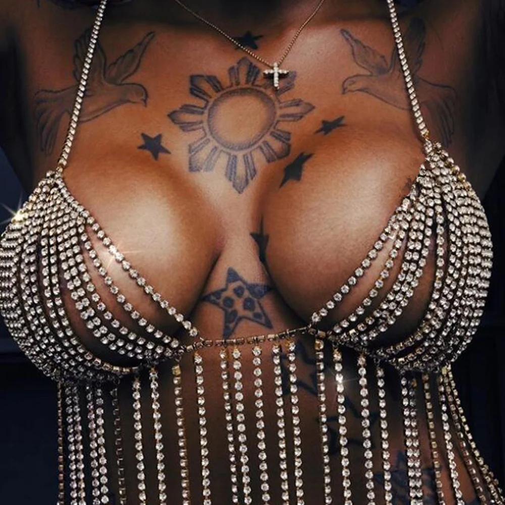 

Luxury Women Tassel Rhinestone Chest Body Chain Harness Bra Statement Necklace Crystal Body Jewelry Breast Chain Accessories