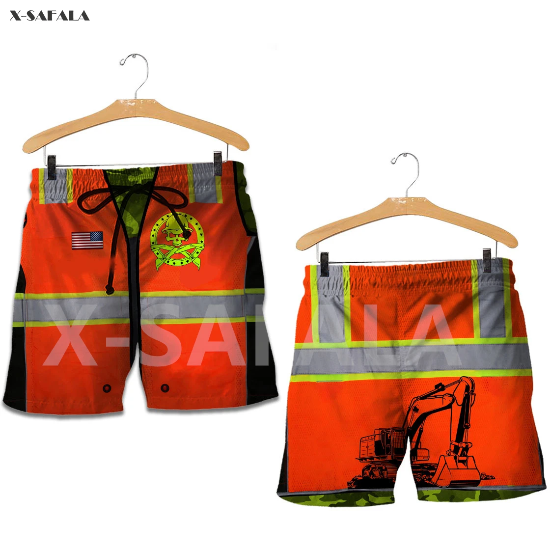 

Excavator Flame Job Skull 3D All Printed Man Women Shorts Street Wear 2 Elastic Waist Summer Beach Harajuku Casual Drawstring