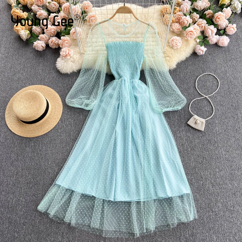 Женское Сетчатое платье в горошек Young Gee элегантное пикантное прозрачное