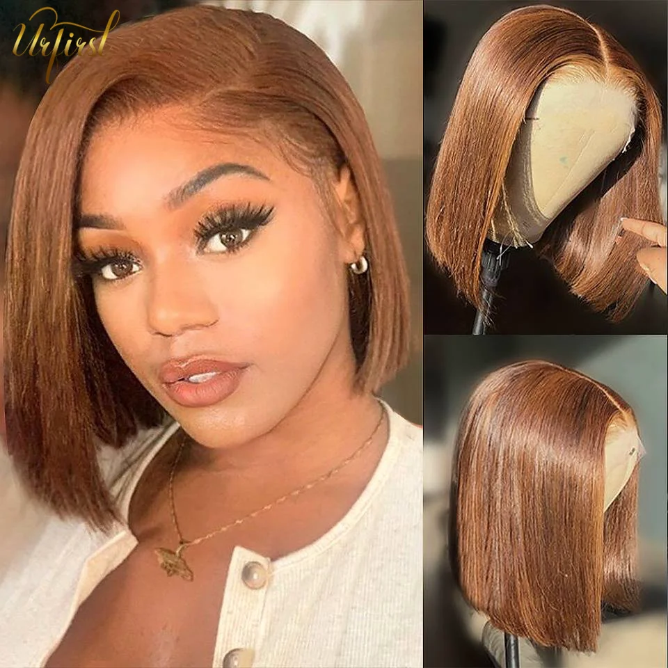 Urfirst Brown Lace Front Wig Short Bob Wig Colored Human Hair Wigs For Women Bob Wigs 4x4 Lace Closure WIg Pre Plucked Lace Wigs