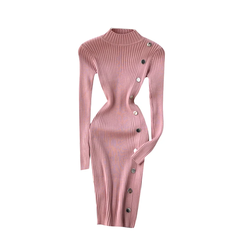 

Solid Knit Bodycon Slim Office Buttons Autumn Women Dress Stand Collar Long Sleeve Elastic Winter Clothes Female Sweater Dresses