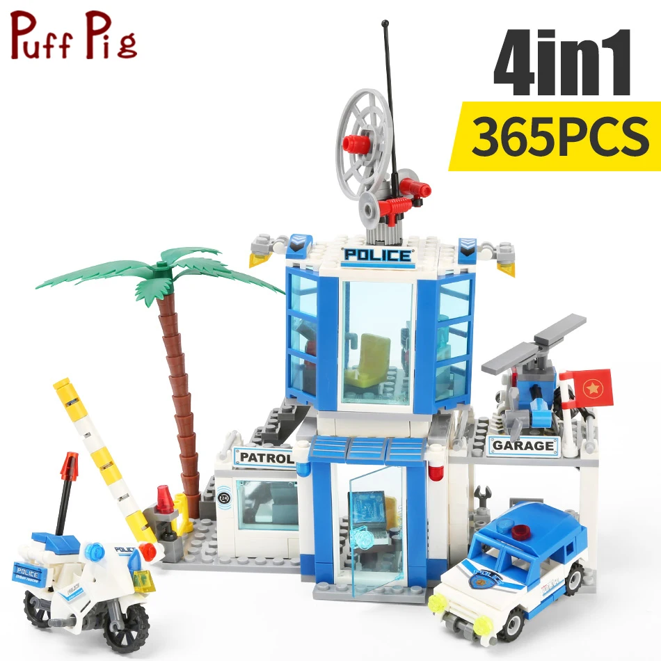 365 шт 4 в 1 полицейский участок мотоцикл автомобиль вертолет модель строительные