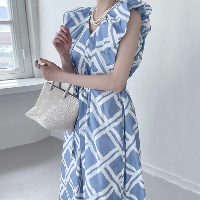 

Summer New Age Reduction Vestidos Female Geometric Hit Color Printing V-neck Loose Casual Strappy Fly Sleeve Midi Dress KK160