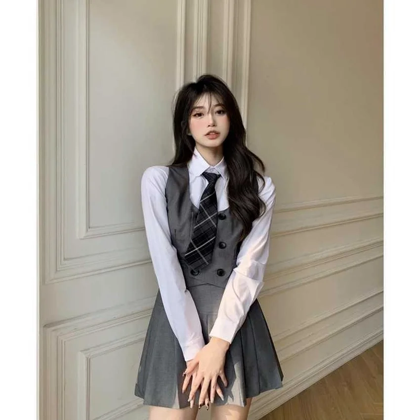 

College Style Japanese Fashion Jk Suit School Uniform Girl Outfit Casual Vest Jacket Tie Pleated Skirt Shirt Slim Women 4Pcs
