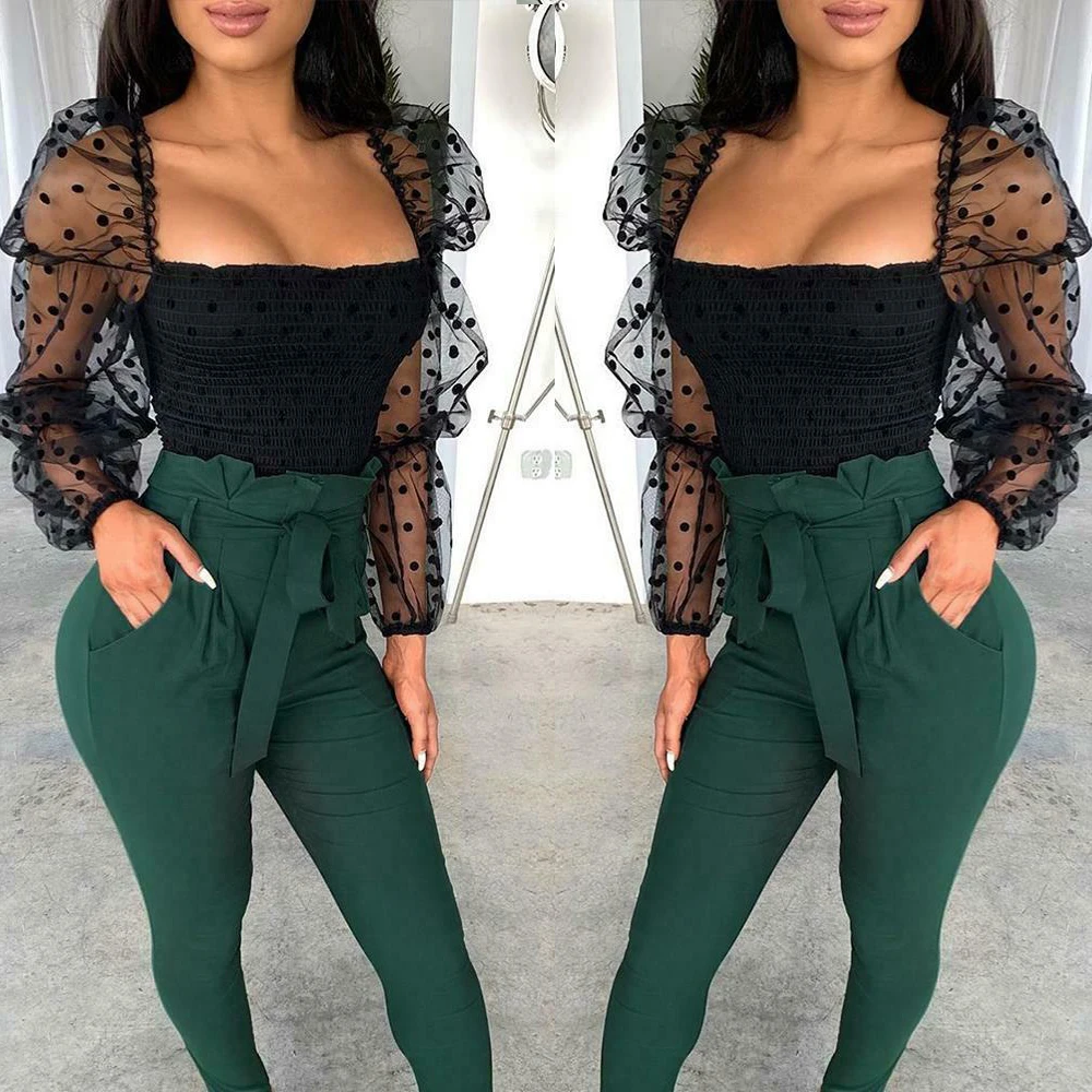 

Polka Dot Mesh Blouses Sheer Puff Sleeve Square Collar Women Shirts Fashion Female Slim Fit Tops 2020 Brand New Black Shirts