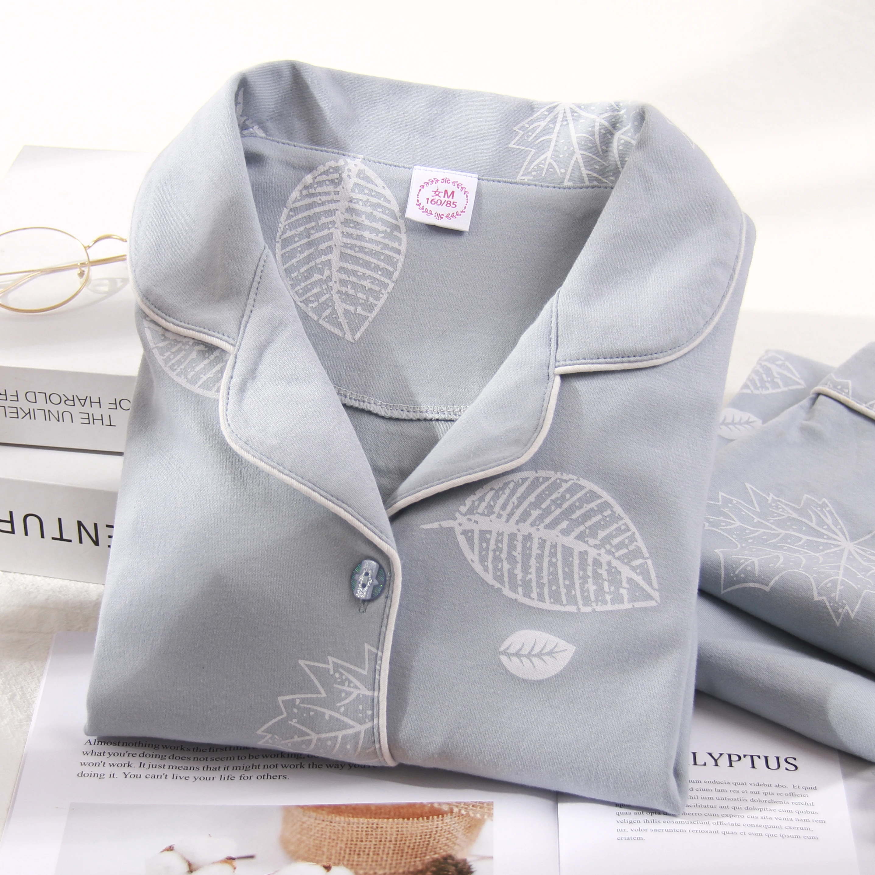 Autumn 100% Cotton Pajamas for Women 2020 Winter Pijamas 2PCS Lounge Sleepwear for Ladies PJ 100 Cotton Pyjama Blue Leisure Wear