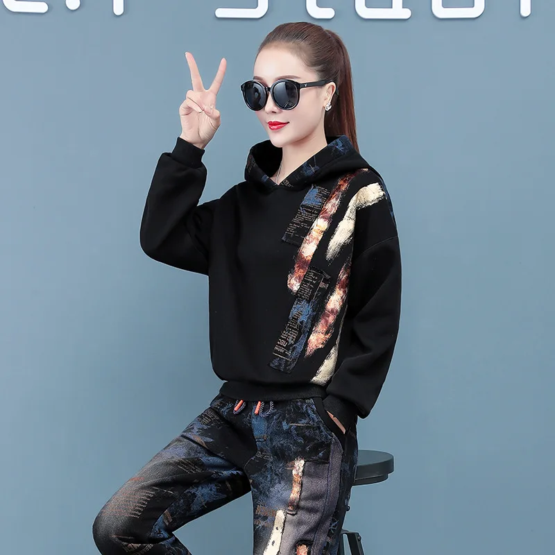 値段 2021韓国のファッションスタイルの女性の春プリントは付きのスエットシャツとハーレムパンツラウンジ二枚を着用セット新