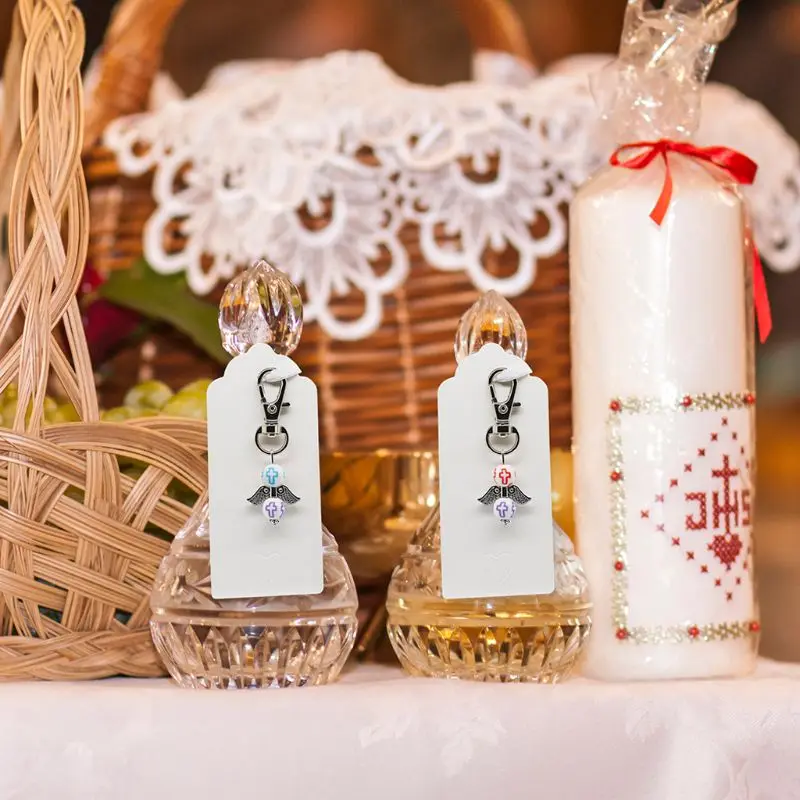 

Q0KF 25pcs/set Angel Keychain Keyring Kraft Tags Organza Bags Guest Return Gifts Baby Shower Wedding Party Favor