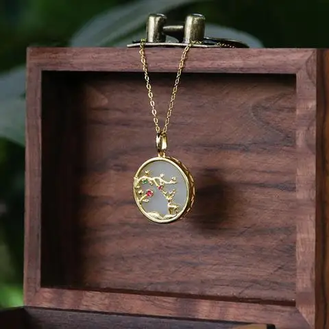 

S925 Sterling Silver Gold Plated Hetian Jade White Jade Sika Deer Cloisonne Craft round Brand Ornament