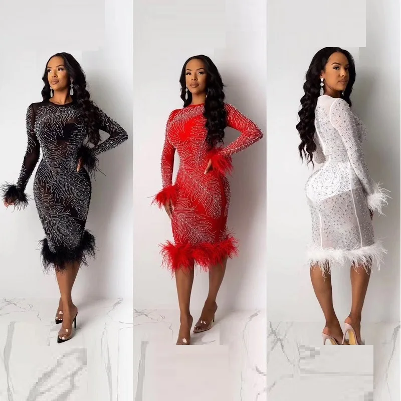 2019 красное модное с бисером и перьями Сетчатое сексуальное облегающее платье