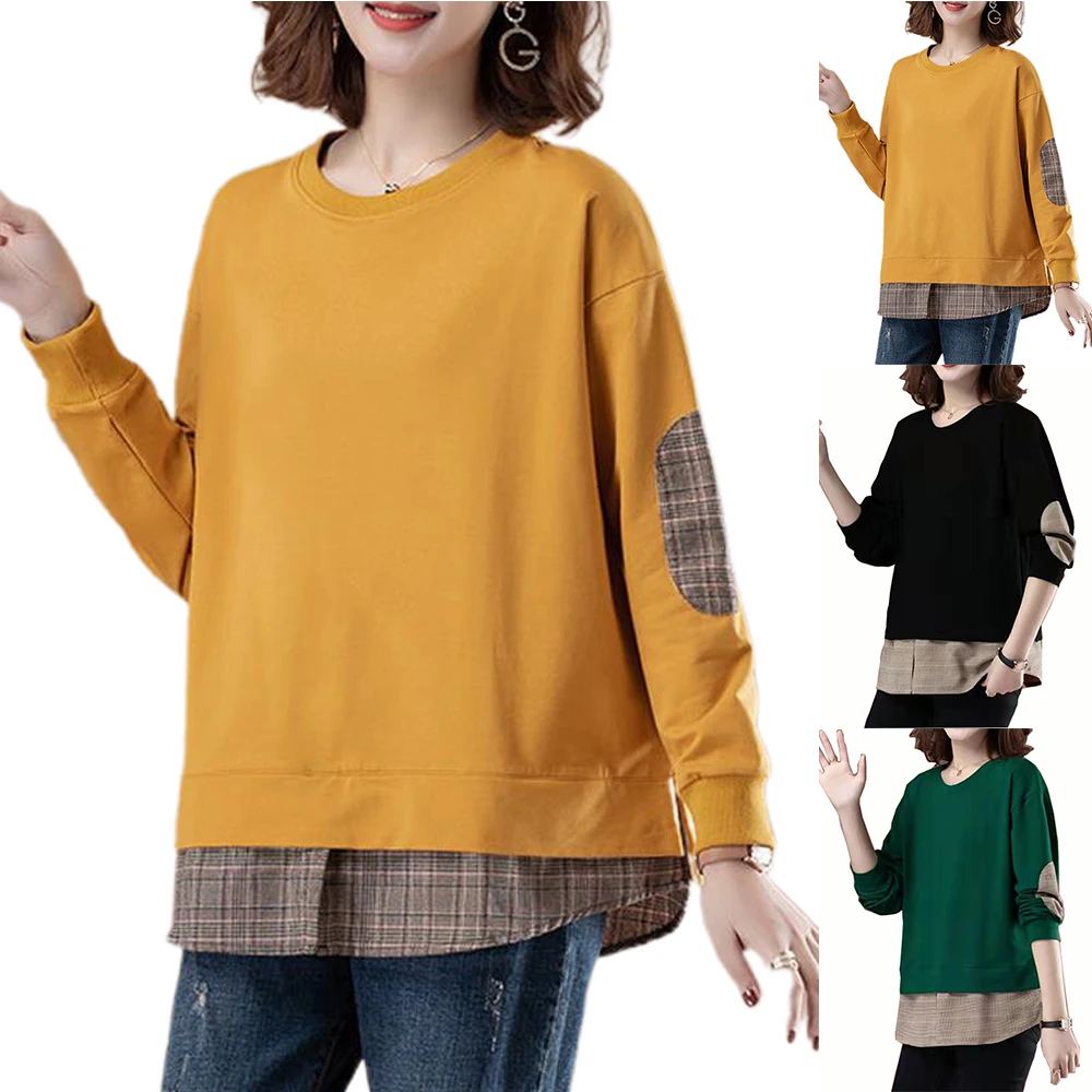 

Футболка из двух частей с имитацией двух частей, желтые мягкие Пуловеры, женские топы в стиле пэчворк, Женская Повседневная Свободная мешко...