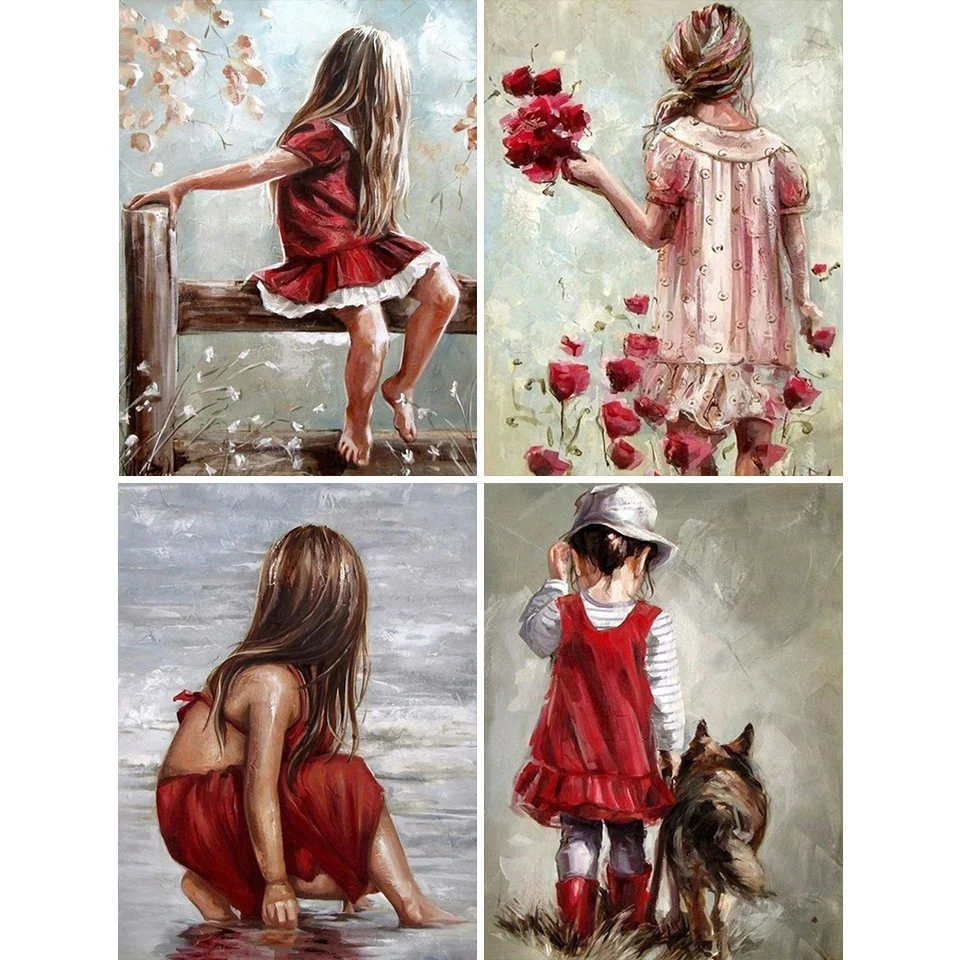 

5D Ретро Маленькая девочка в красном платье, алмазная живопись, большая собака, цветок, алмазная вышивка, картина, полная квадратная, круглая,...