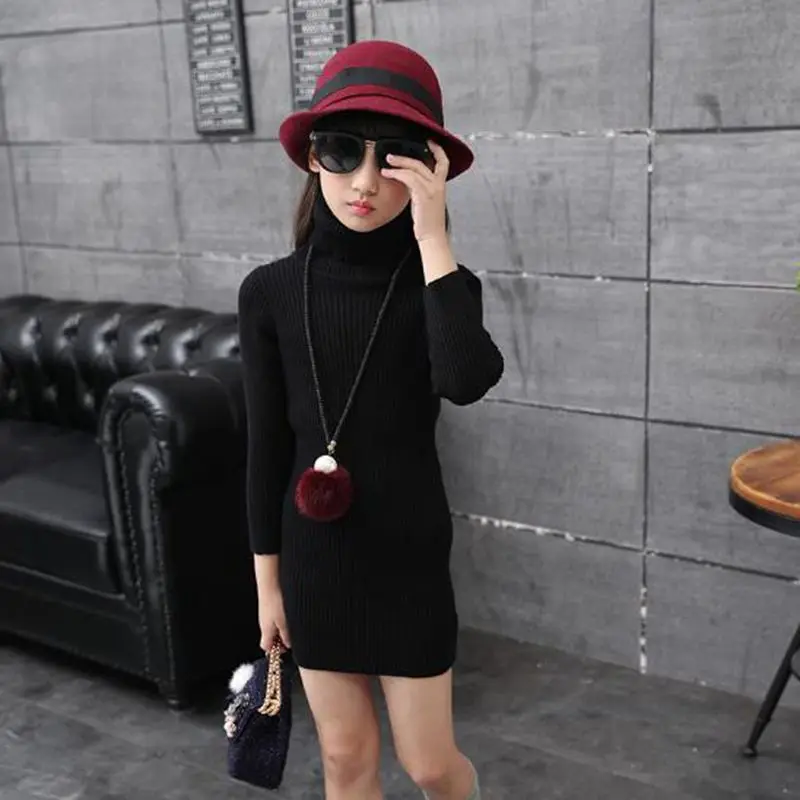 Трикотажное платье для девочек с длинным рукавом и высоким воротником вечерние