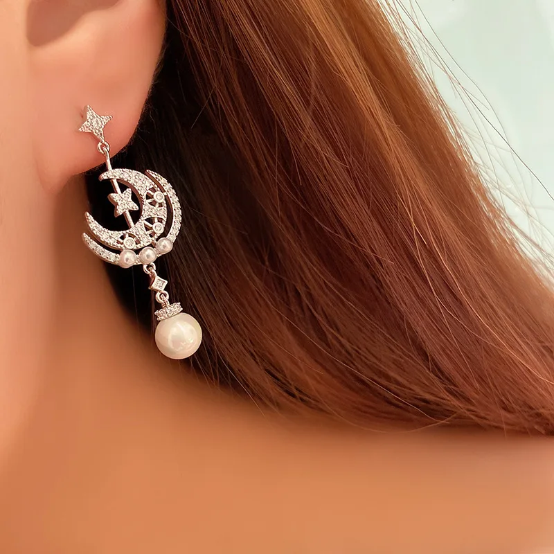 

Moon Star Moon Pearl Dangle Earrings