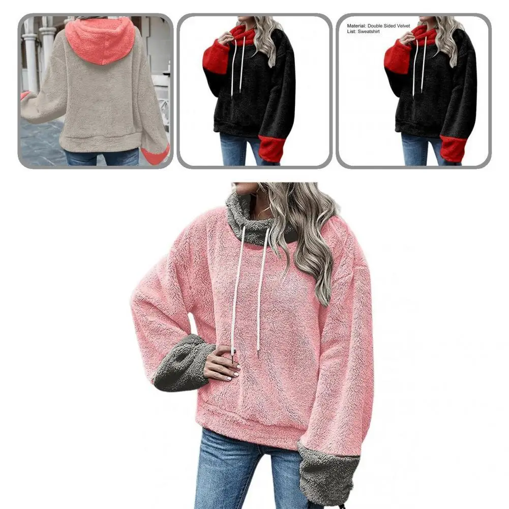 Fluffy Hoodie Skin-Touch Double Sided Velvet Casual Patchwork Color Fluffy Hoodie Sweatshirt Jumper Pullover Hoodie