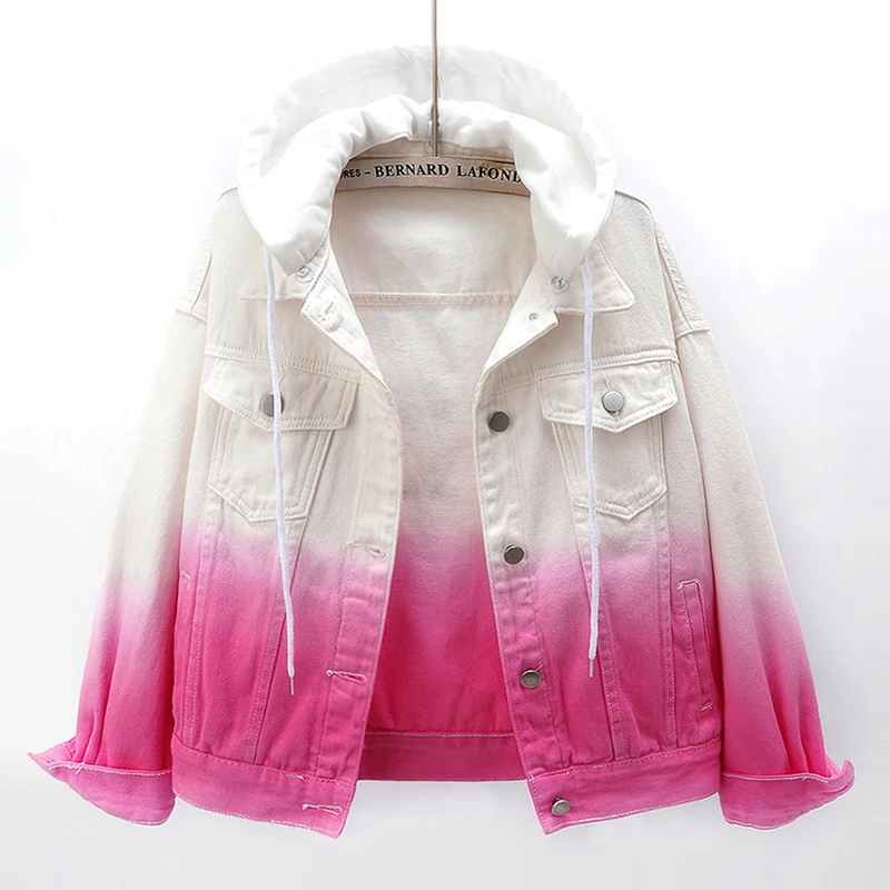 

Autumn Fashion Tie Dye Gradient Hooded Denim Jacket Coat Women Loose Short Outerwear Chaqueta Mujer Student Jeans Jackets Female