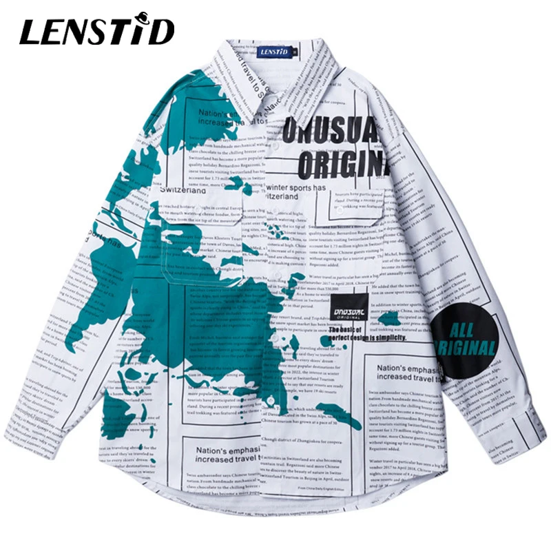 LENSTID 2019 осенние мужские рубашки в стиле хип хоп с графической картой газетный