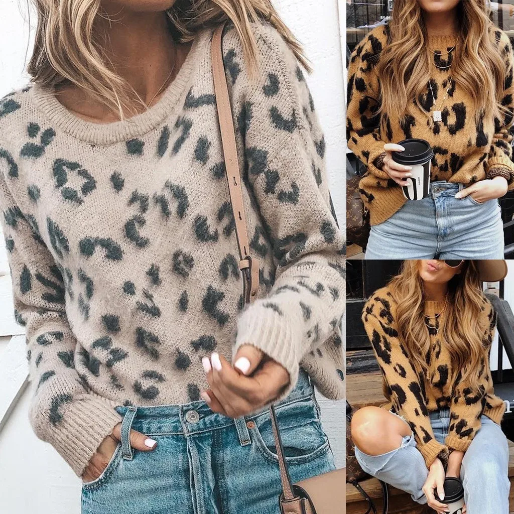 women's sweater knitted KLV blouses woman 2019 Women's oversized leopard long-sleeved knit shirt top 9.4 | Женская одежда