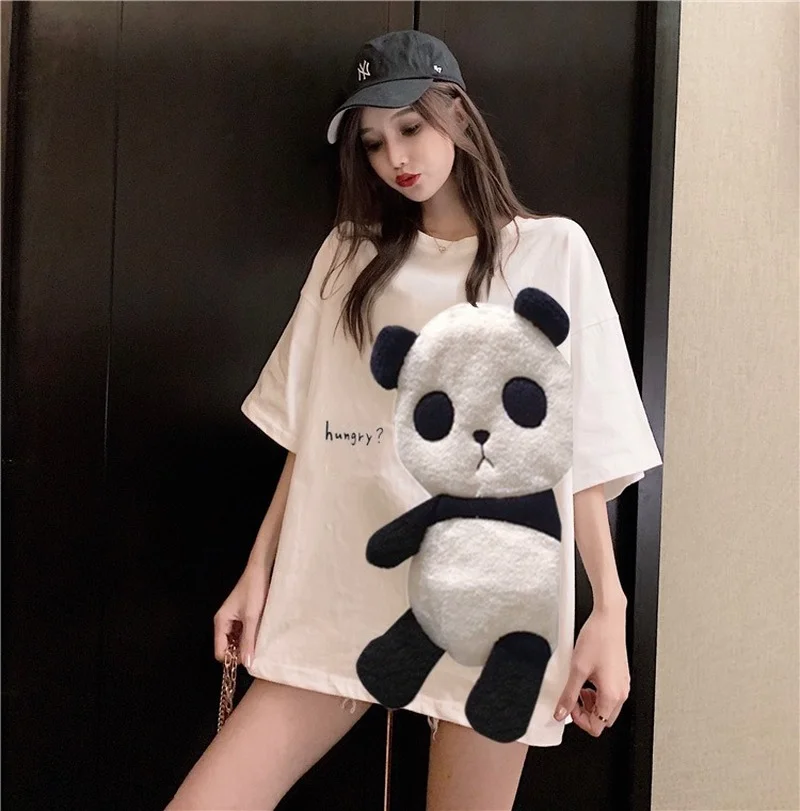 

2021 Cute New Casual Sleeve Medium Length Korean Loose Top Summer Women's White Cartoon Panda Tshirt Short