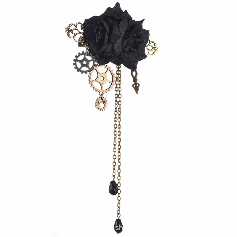 

Steampunk Mechanical Gear Rose Lolita Gothic Tassel Crystal Brooch Pin Halloween Prom Party Hairpin Hair Accessories