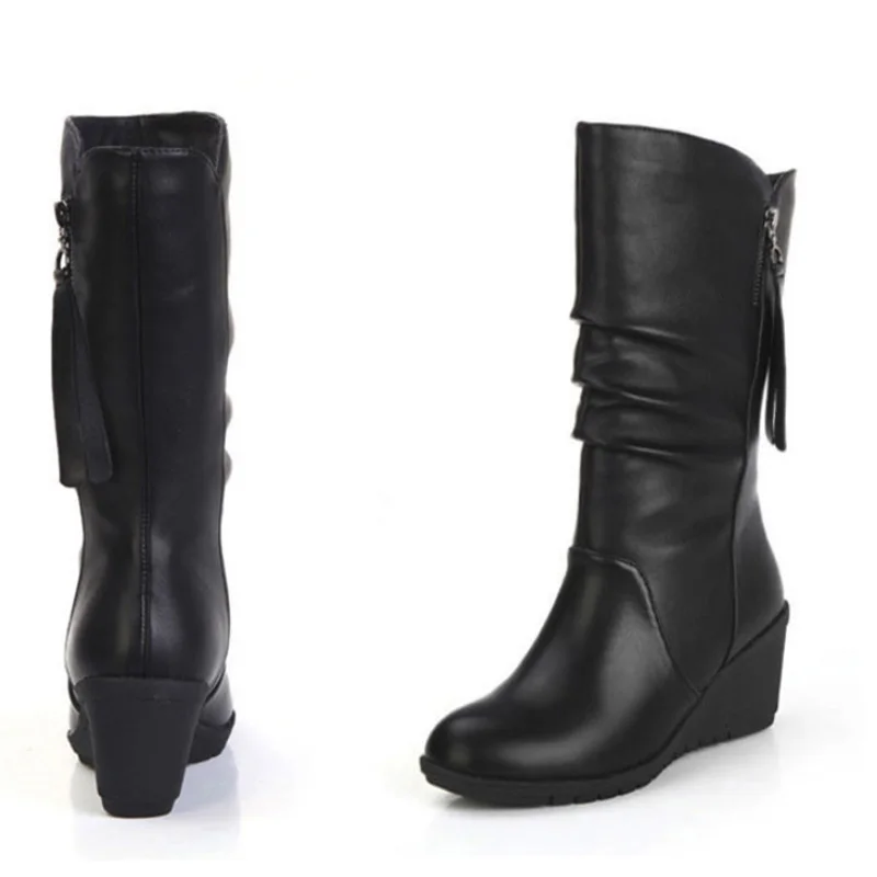 Зимние сапоги 2019 г. Женские до середины икры на танкетке женская обувь черная