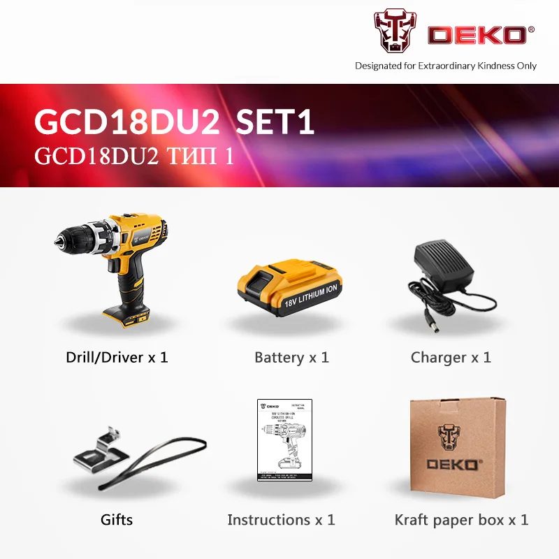 Заводской магазин DEKO GCD18DU2 18 В литиевая батарея электрическая отвертка Беспроводная мини-шуруповерт с переменной скоростью Аккумуляторная дрель - Цвет: SET1
