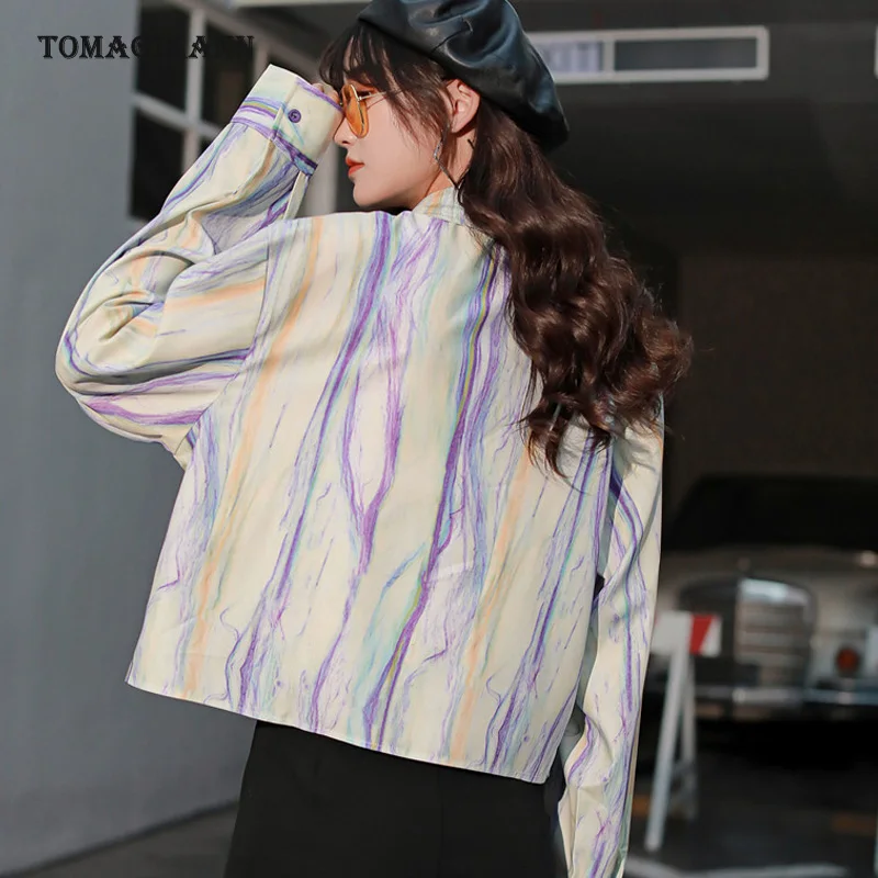 

Fashion Women Short Blouse Chic Scrawl Striped Contrast Colors Womens Shirt 2020 Summer Female Tops