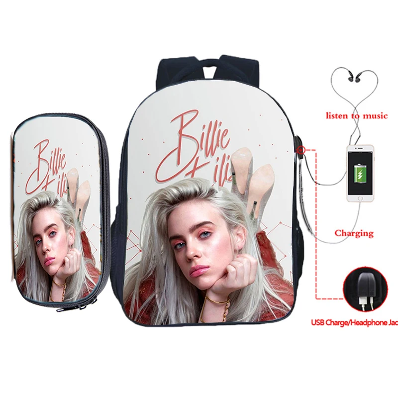 Billie Eilish рюкзак для зарядки через usb 2 шт./компл. школьная сумка для подростков мальчиков и девочек рюкзак для ноутбука пенал Дорожная сумка на плечо