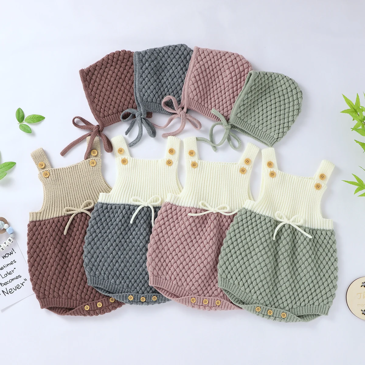 

Newborn Baby Girls Knited Sleeveles Jumpsuit Playsuit Cotton Knitted Sleeveless Tops + Solis Color Knitted Hat Clothes 4 Colors