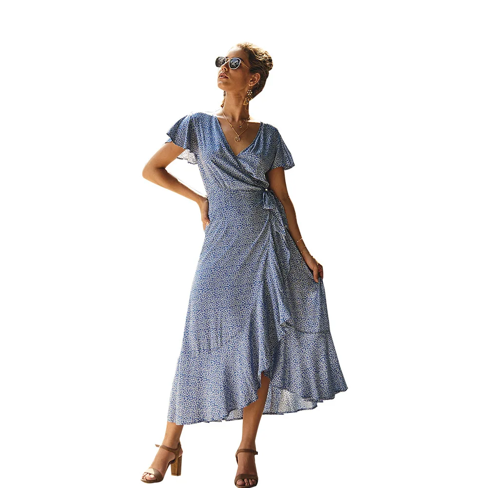 

Women's Dress Printed Clothing V-neck Floral Waist Irregular Skirt Short Sleeve Beach Party Dress Sexy Lace For Female
