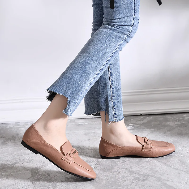 Однотонные повседневные небольшие кожаные туфли женские двухсторонние лоферы с