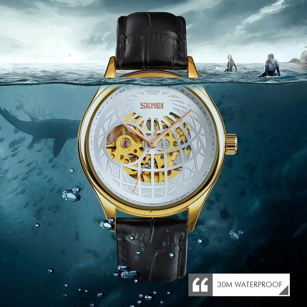 

Мужские механические часы SKMEI, Кварцевые водонепроницаемые часы с автоподзаводом, с кожаным ремешком, 2021