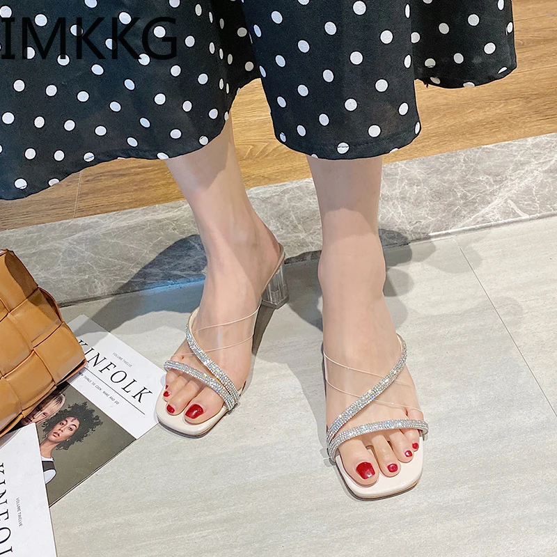 New transparent jelly shoes square toe high heels sandals women clear heel summer slippers flip flops for crystal slides | Обувь